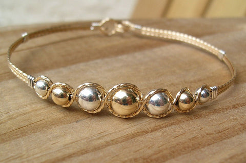 Graduated Two Tone Gold Filled & Sterling Silver Beads Wire Wrapped Bracelet