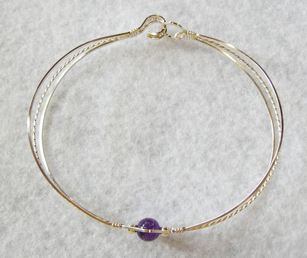 1-Bead Amethyst Bead Sterling Silver Wire Wrapped Bracelet