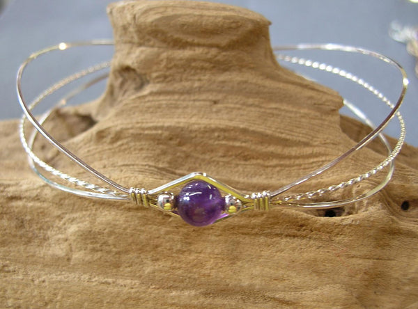 1-Bead Amethyst Bead Sterling Silver Wire Wrapped Bracelet