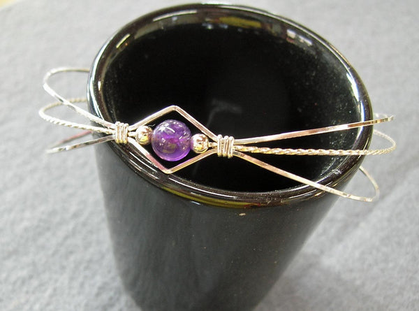 1-Bead Amethyst Bead Sterling Silver Wire Wrapped Bracelet