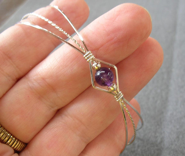 1-Bead Amethyst Bead Sterling Silver Wire Wrapped Bracelet