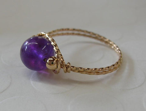 Amethyst Bead Gold Filled Twist Wire Ring - February Birthstone - Size 8