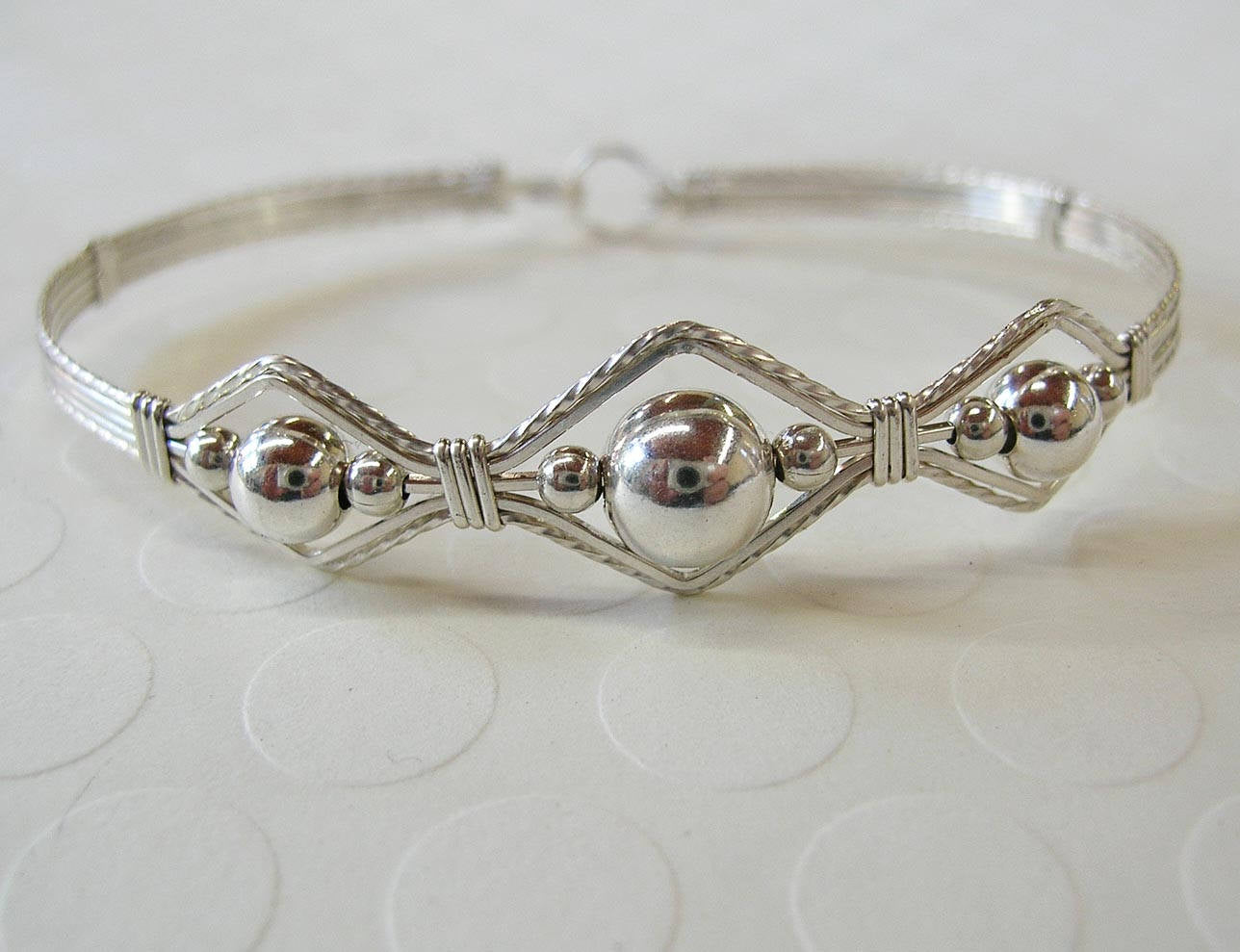 3-Bead Point Smooth Sterling Silver Beads Wire Wrapped Bracelet