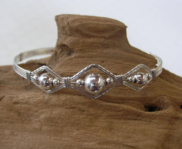 3-Bead Point Smooth Sterling Silver Beads Wire Wrapped Bracelet