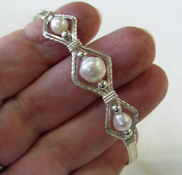 3-Bead Point Freshwater Pearls Sterling Silver Wire Wrapped Bracelet