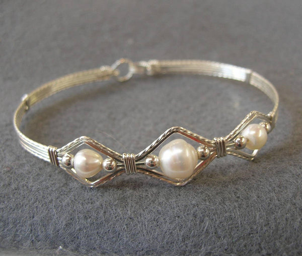 3-Bead Point Freshwater Pearls Sterling Silver Wire Wrapped Bracelet