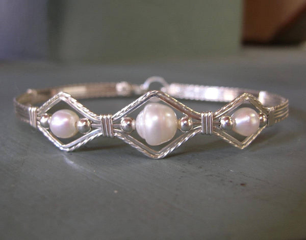 3-Bead Point Freshwater Pearls Sterling Silver Wire Wrapped Bracelet