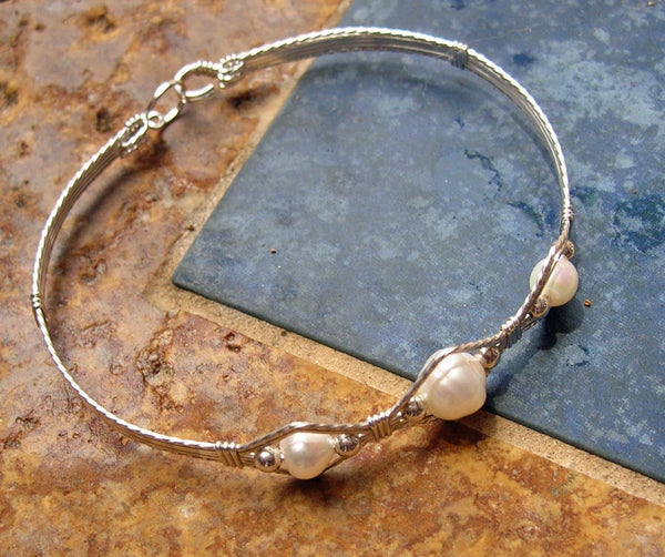 3-Bead Point Freshwater Pearls Sterling Silver Wire Wrapped Bracelet