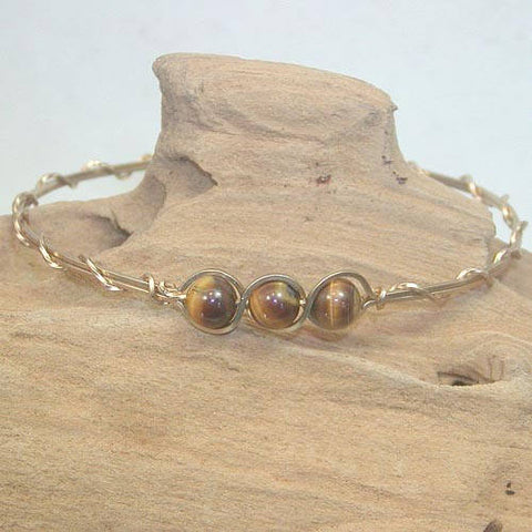 3-Bead Outline Tiger Eye Beads Gold Filled Wire Wrapped Bracelet