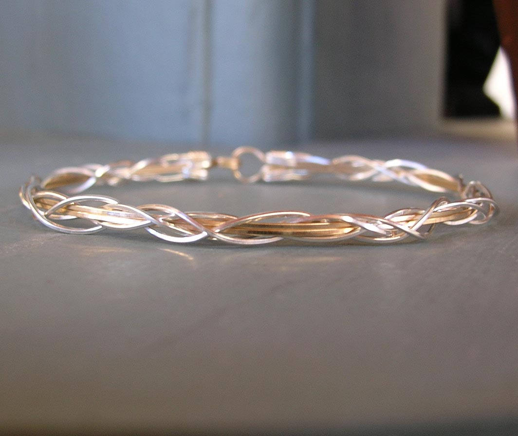 Thin Two-Tone Grapevine Silver Over Gold Wire Wrapped Bracelet