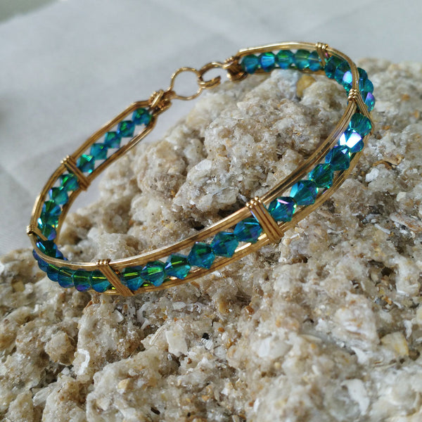 Swarovski Crystal Blue Gold Filled Wire Wrapped Bracelet