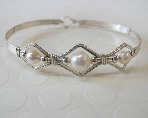 Freshwater Pearl Beaded Sterling Silver Wire Wrapped Bracelet - June Birthstone