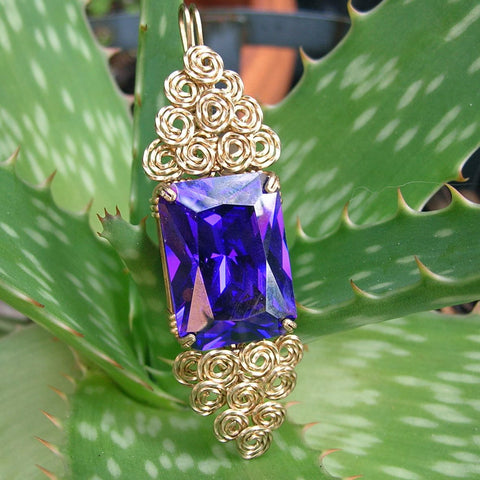 Dark Purple Cubic Zirconia Gold Filled Wire Wrapped Pendant