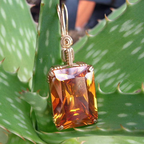 ON SALE Amber Yellow Cubic Zirconia Gold Filled Wire Wrapped Pendant