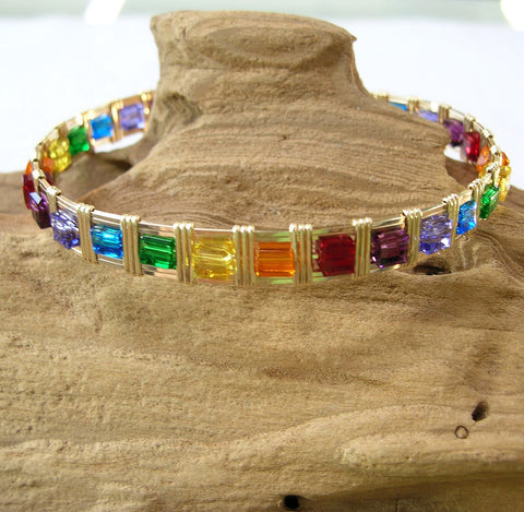 Rainbow Cube Beaded Gold Filled Wire Wrapped Bracelet