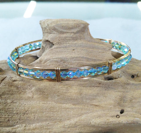 Aqua Blue Double Aurora Borealis Crystal Beaded Gold Filled Wire Wrapped Bracelet