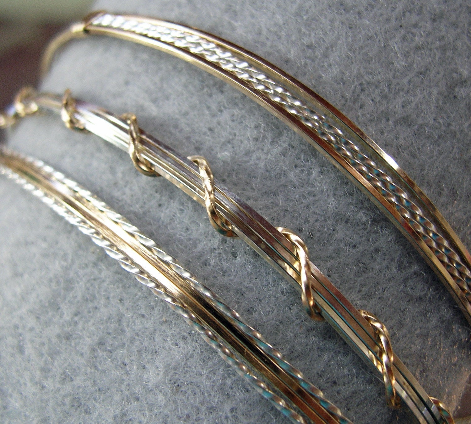 Gold Filled & Sterling Silver 4-Strand Wire Wrapped Stackable 3 Bracelets Set