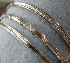 Gold Filled & Sterling Silver 4-Strand Wire Wrapped Stackable 3 Bracelets Set