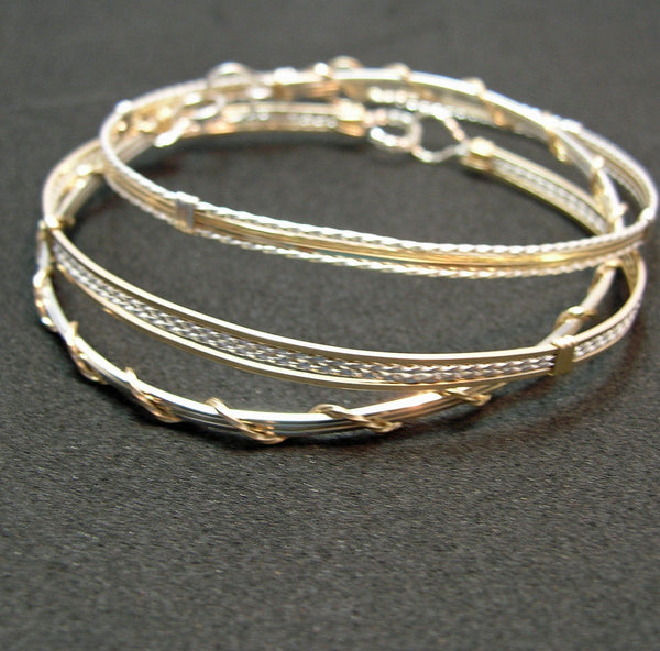 Gold Filled & Sterling Silver 4-Strand Wire Wrapped Stackable 3 Bracelets Set