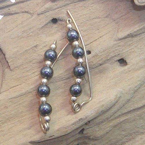 Hematite Beads Gold Filled Wire Ear Climbers - Ear Sweep 13