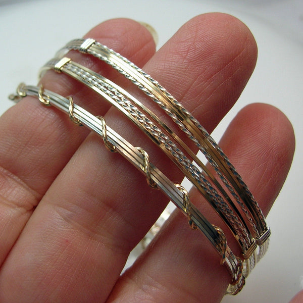 Gold Filled & Sterling Silver 4-Strand Wire Wrapped Stackable 3 Bracelets Set