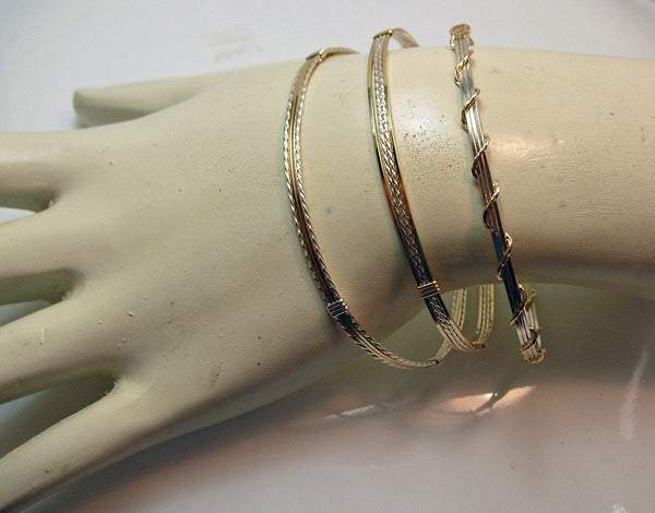 Gold Filled & Sterling Silver 4-Strand Wire Wrapped Stackable 3 Bracelets Set