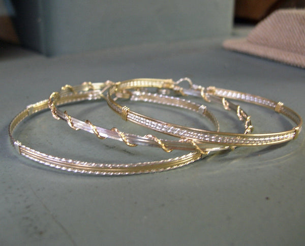 Gold Filled & Sterling Silver 4-Strand Wire Wrapped Stackable 3 Bracelets Set