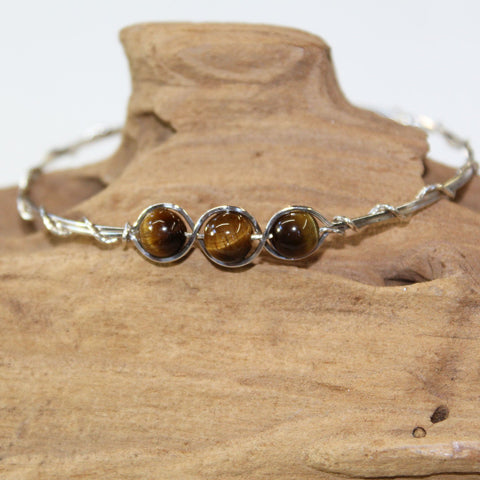 3-Bead Outline Brown Tiger Eye Beads Sterling Silver Wire Wrapped Bracelet