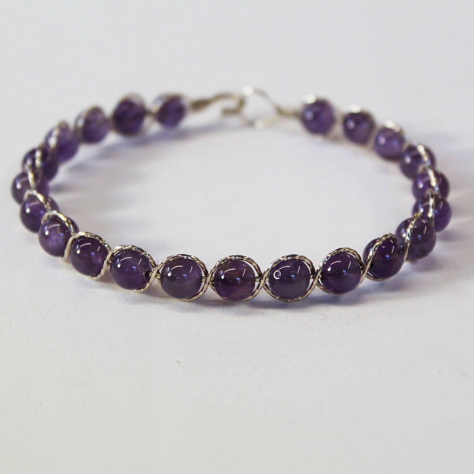 Amethyst Beads Sterling Silver Outline Twist Wire Bracelet