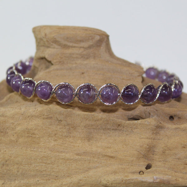 Amethyst Beads Sterling Silver Outline Twist Wire Bracelet