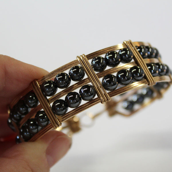 Double Row Hematite Beads Gold Filled Wire Wrapped Bracelet