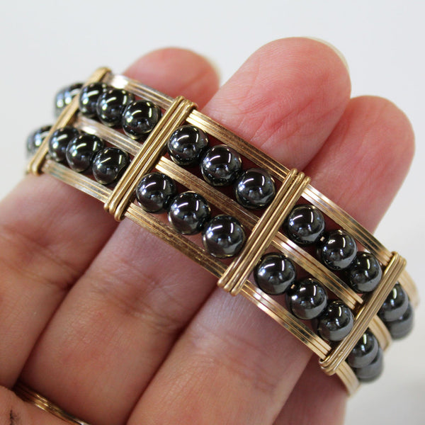 Double Row Hematite Beads Gold Filled Wire Wrapped Bracelet