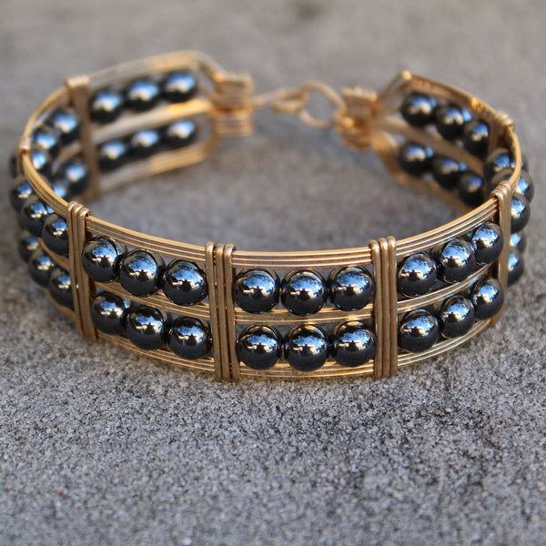 Double Row Hematite Beads Gold Filled Wire Wrapped Bracelet