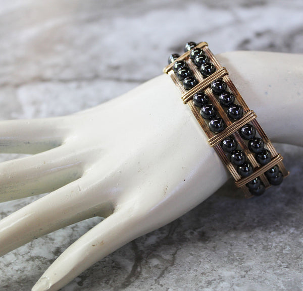 Double Row Hematite Beads Gold Filled Wire Wrapped Bracelet