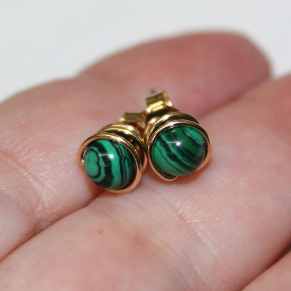 6mm Malachite Bead Wirewrapped Post Earrings