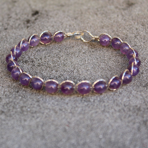 Amethyst Beads Sterling Silver Outline Twist Wire Bracelet