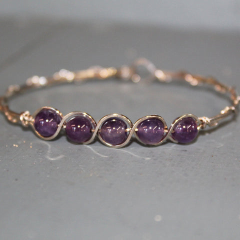 5-Bead Outline Amethyst Beads Sterling Silver Wire Wrapped Bracelet