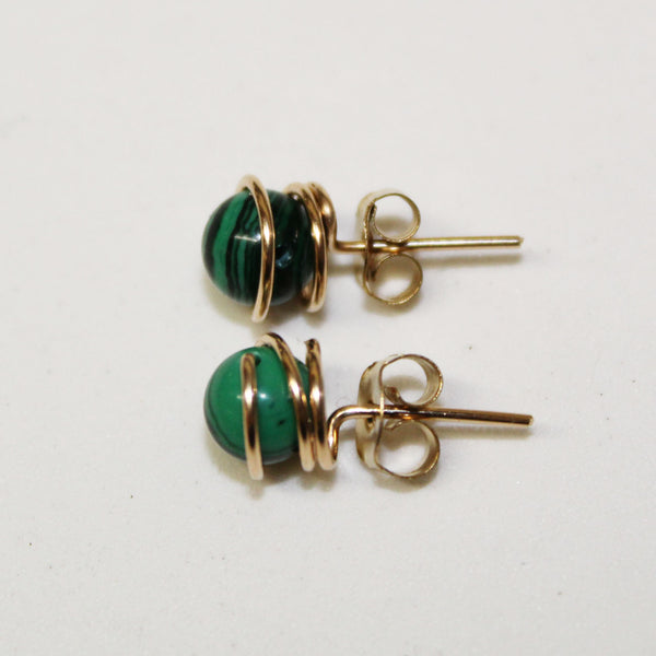 6mm Malachite Bead Wirewrapped Post Earrings