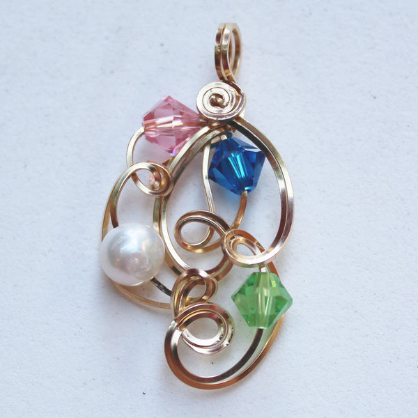 Mother's Pendant with Birthstone Color Crystals Freeform Wire Wrapped Pendant