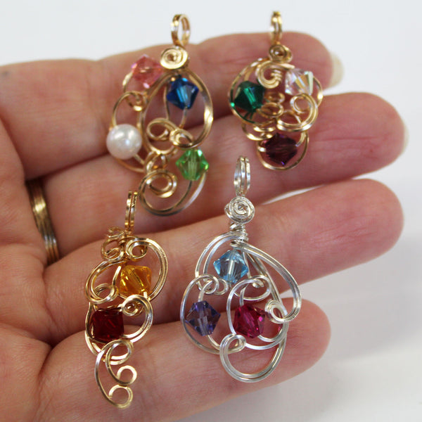 Mother's Pendant with Birthstone Color Crystals Freeform Wire Wrapped Pendant