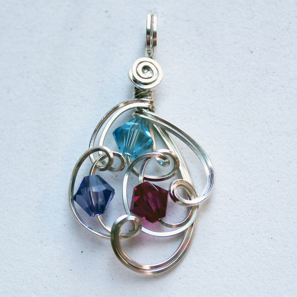 Mother's Pendant with Birthstone Color Crystals Freeform Wire Wrapped Pendant