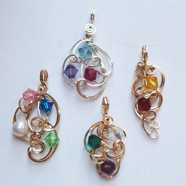 Mother's Pendant with Birthstone Color Crystals Freeform Wire Wrapped Pendant