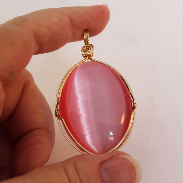 Pink Fiber Optics Cat's Eye 14kt Gold Filled Wire Wrapped Pendant