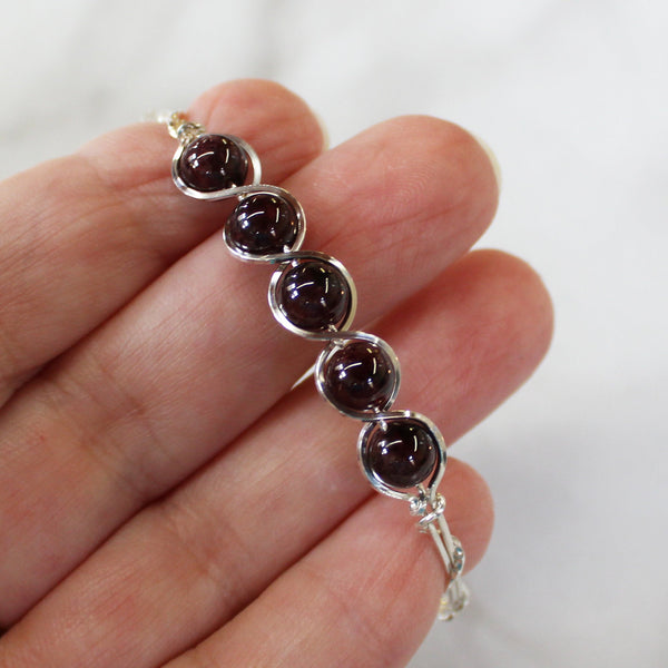 Garnet Deep Red Beaded Sterling Silver Wire Wrapped Bracelet - January Birthstone