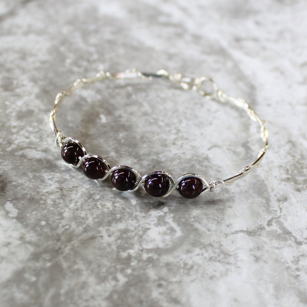 Garnet Deep Red Beaded Sterling Silver Wire Wrapped Bracelet - January Birthstone