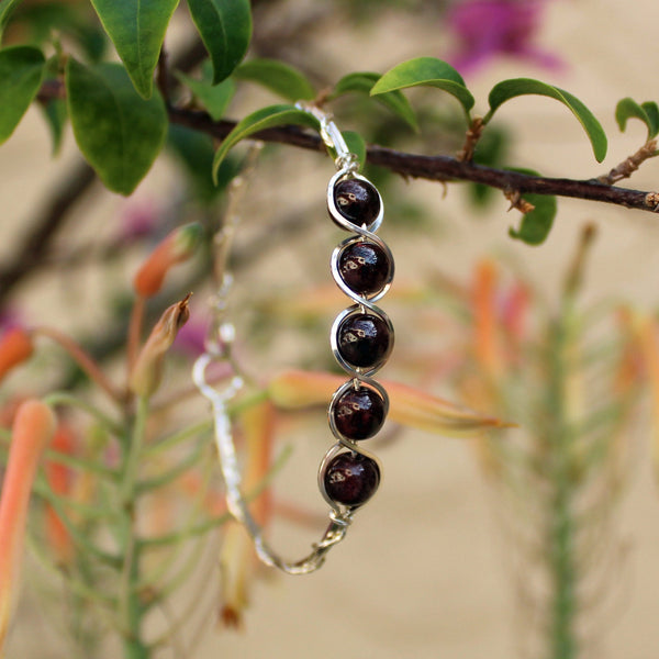 Garnet Deep Red Beaded Sterling Silver Wire Wrapped Bracelet - January Birthstone