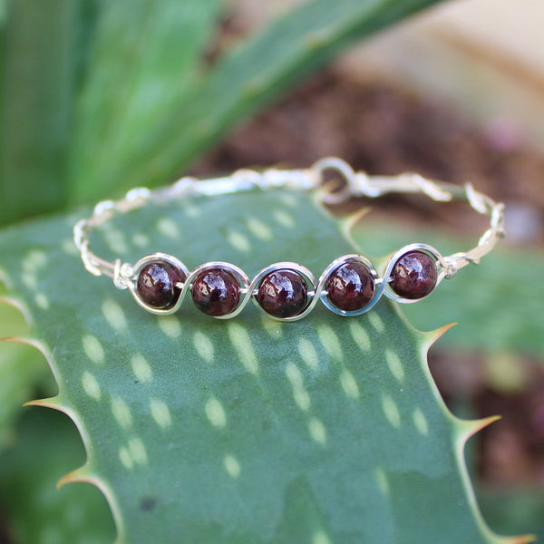 Garnet Deep Red Beaded Sterling Silver Wire Wrapped Bracelet - January Birthstone