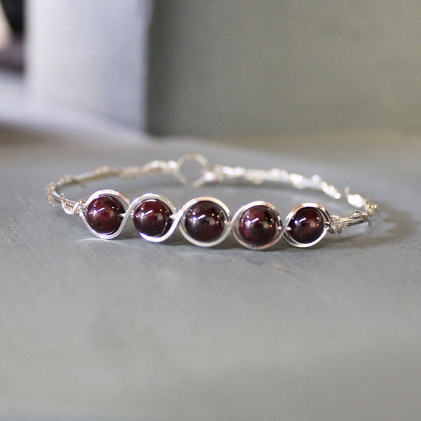 Garnet Deep Red Beaded Sterling Silver Wire Wrapped Bracelet - January Birthstone