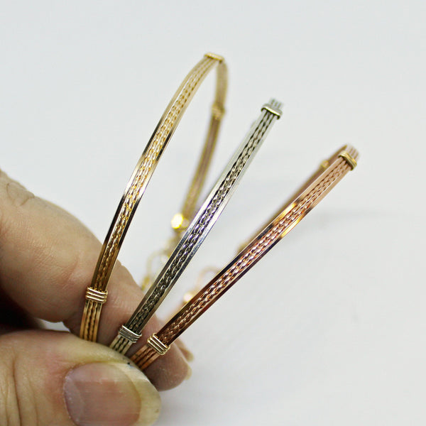 Rose Gold, Yellow Gold & Sterling Silver Thin Wire Wrapped Stackable 3 Bracelets Set - STTS