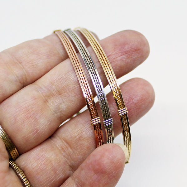 Rose Gold, Yellow Gold & Sterling Silver Thin Wire Wrapped Stackable 3 Bracelets Set - STTS